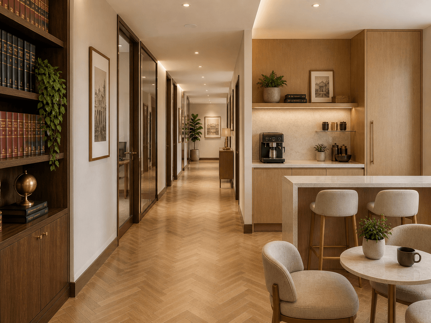 Refined law-firm hallway and shared workspace